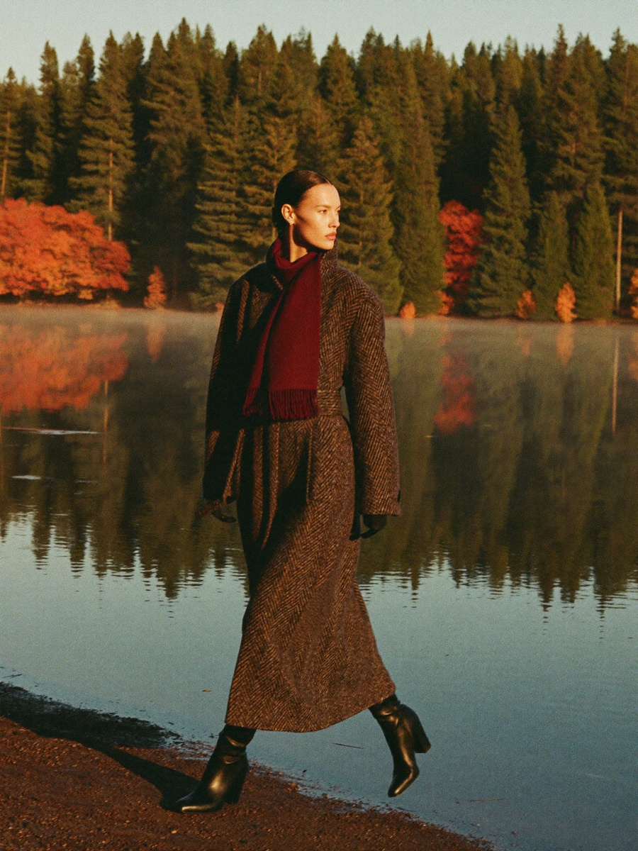 Herringbone coat, burgundy scarf
