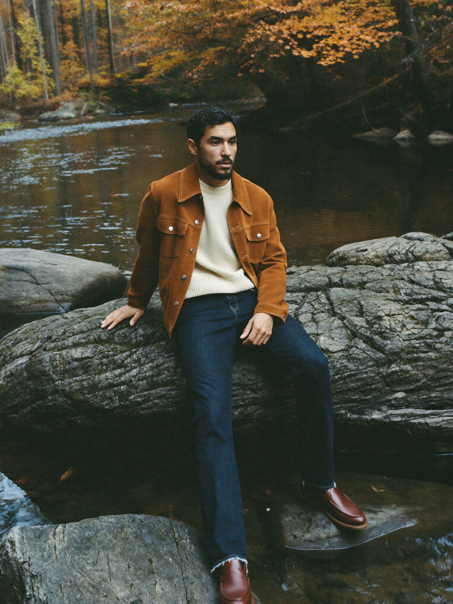 Suede trucker, fisherman knit