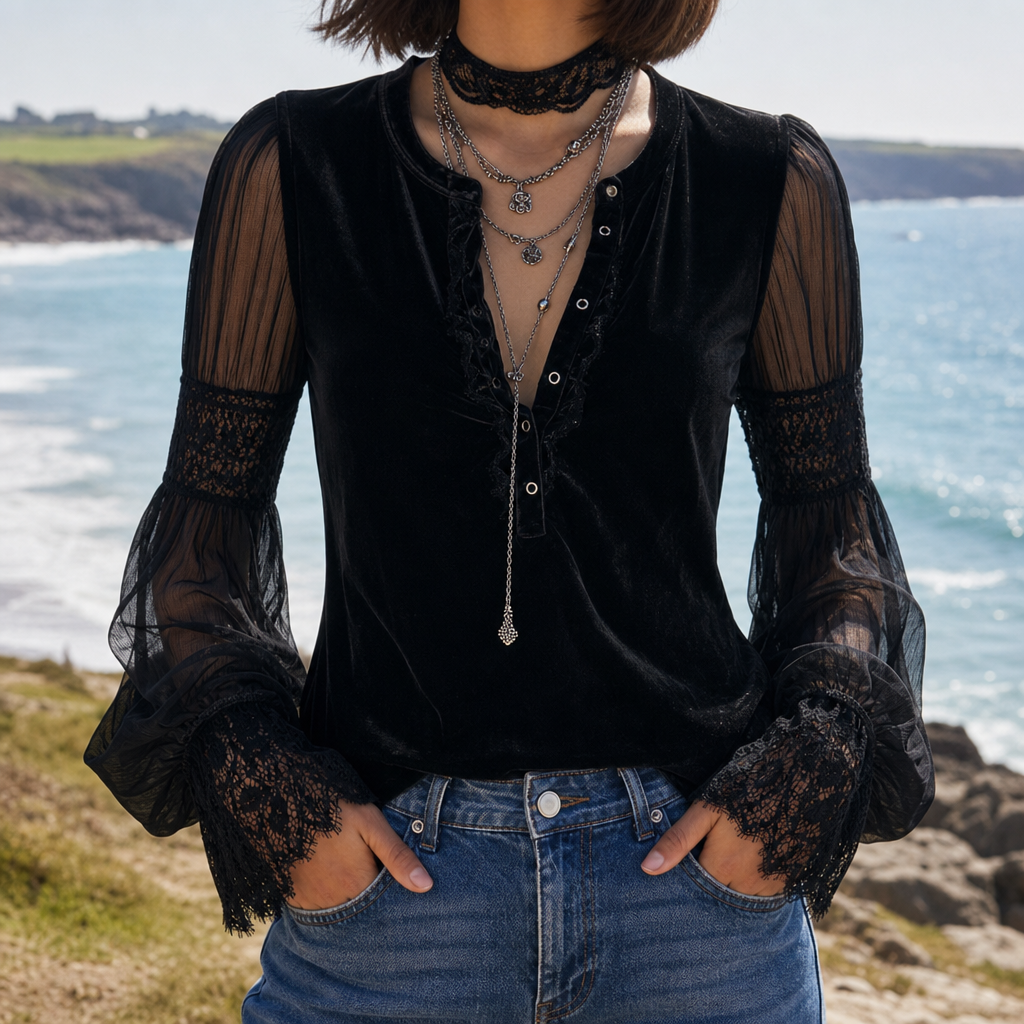 Menton Velvet Lace Sleeve Blouse