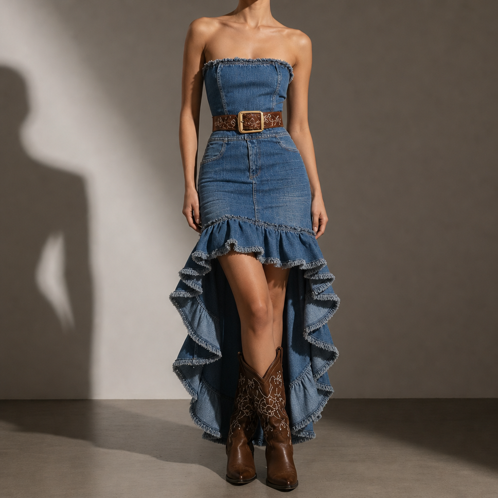 Piodao Denim Ruffle Hi-Low Dress