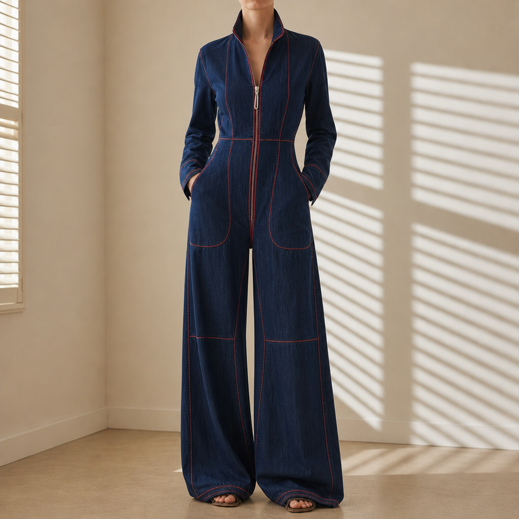 Kythnos Red Topstitched Denim Jumpsuit