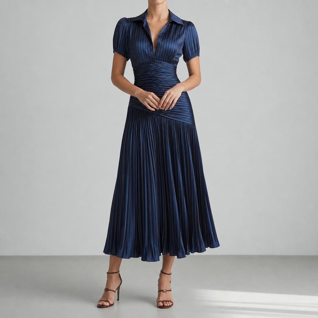 Milos Striped Satin Pleated Dress