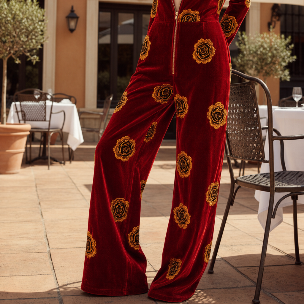 Apt Rose Print Velvet Jumpsuit