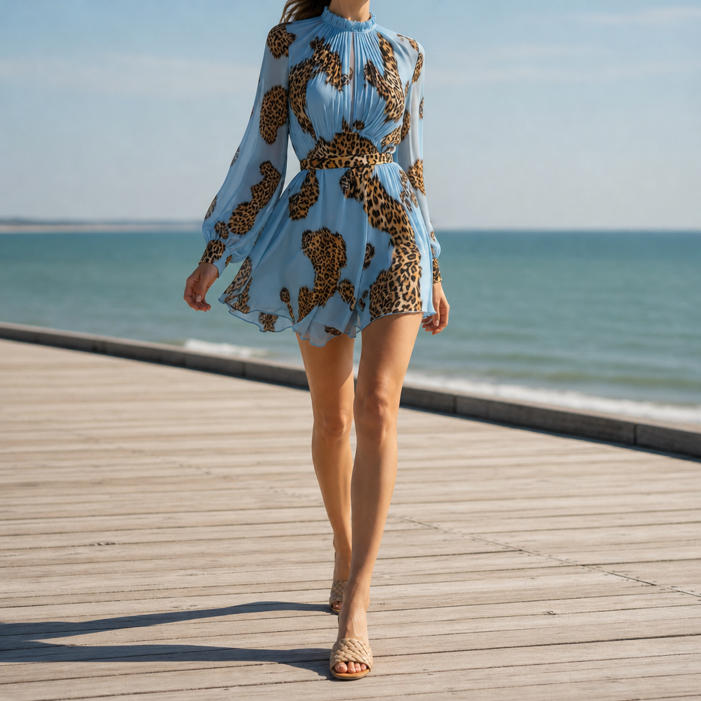 Cassis Leopard Print Chiffon Mini Dress