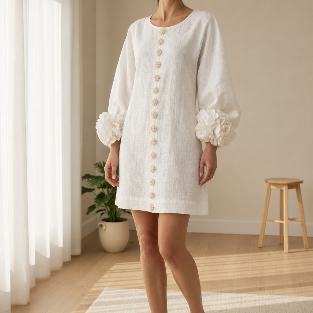 Marvao Rosette Cuff Linen Dress