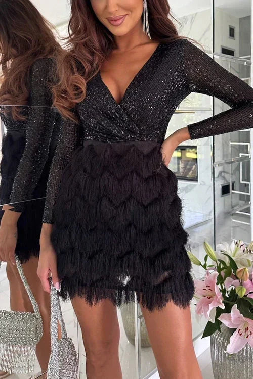 Drune | Glitzerndes Partykleid mit V-Ausschnitt