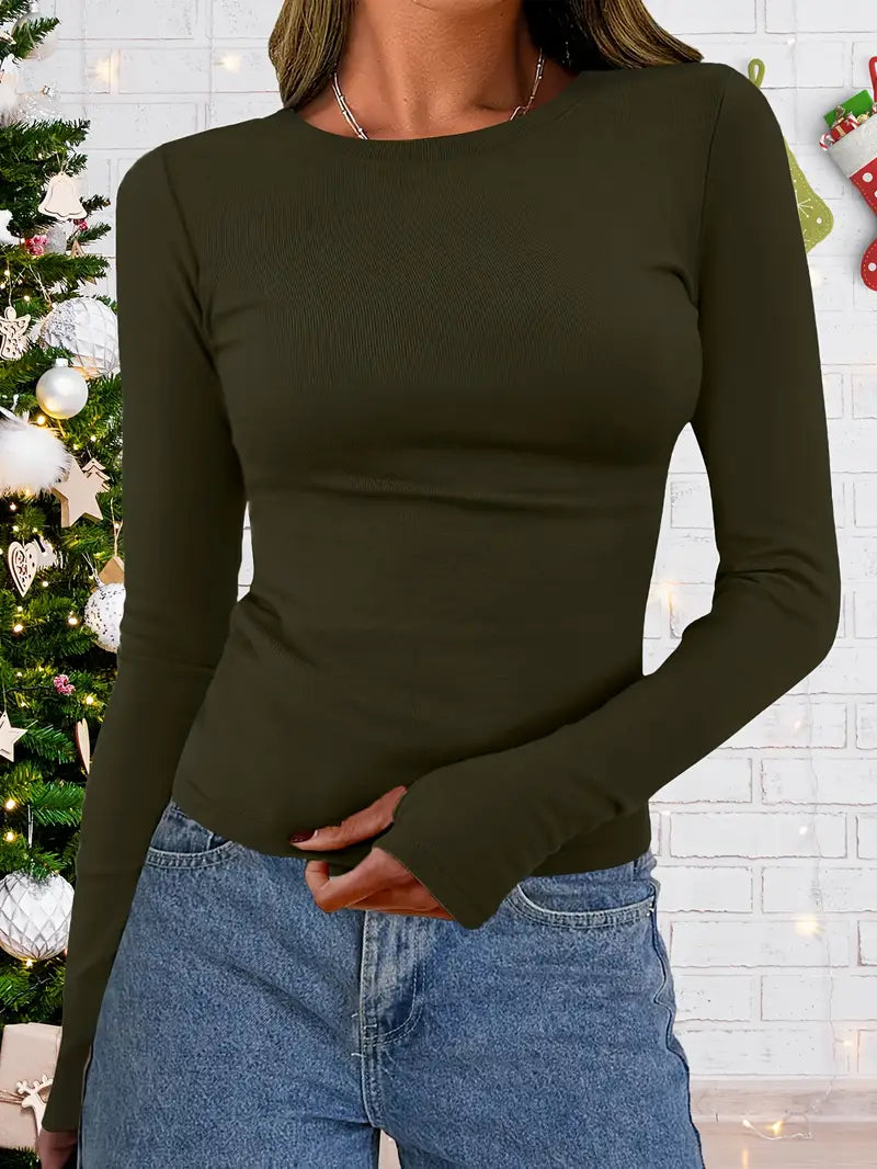 Women’s Fitted Long-Sleeved Crew Neck Top – Soft Stretch Fabric for Everyday Wear and Autumn Layering