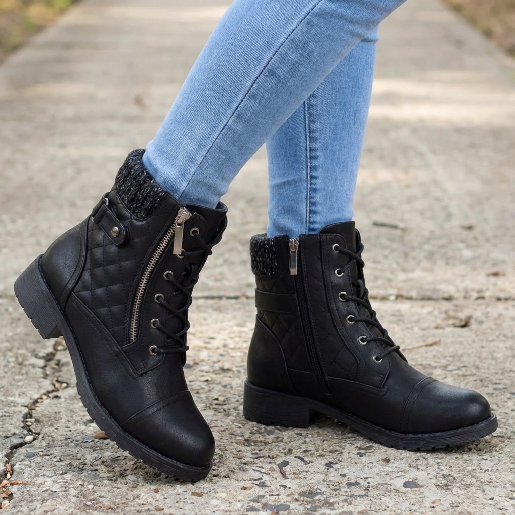 Women’s Lace-Up Ankle Boots with Knitted Cuff
