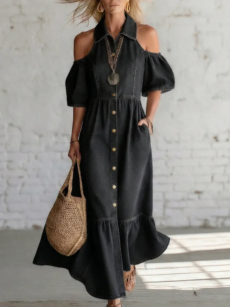 Elegant Off-shoulder Denim Maxi Dress