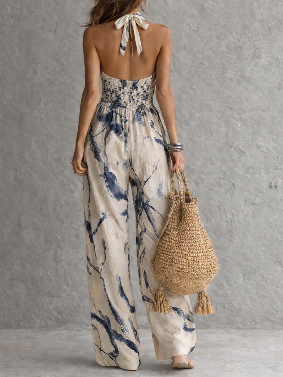 Lila Halter Sleeveless Ink Wash Print Wide Leg Jumpsuit