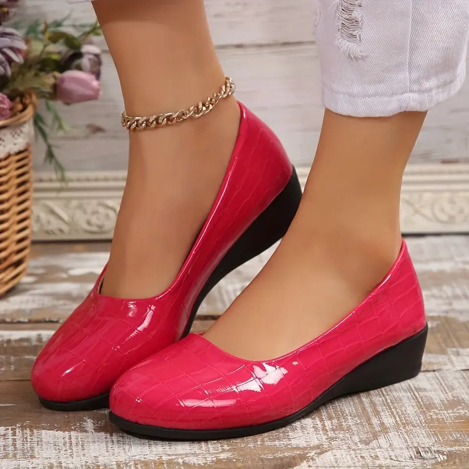 Women's Patent Wedge Shoes Croc-Effect Slip-On
