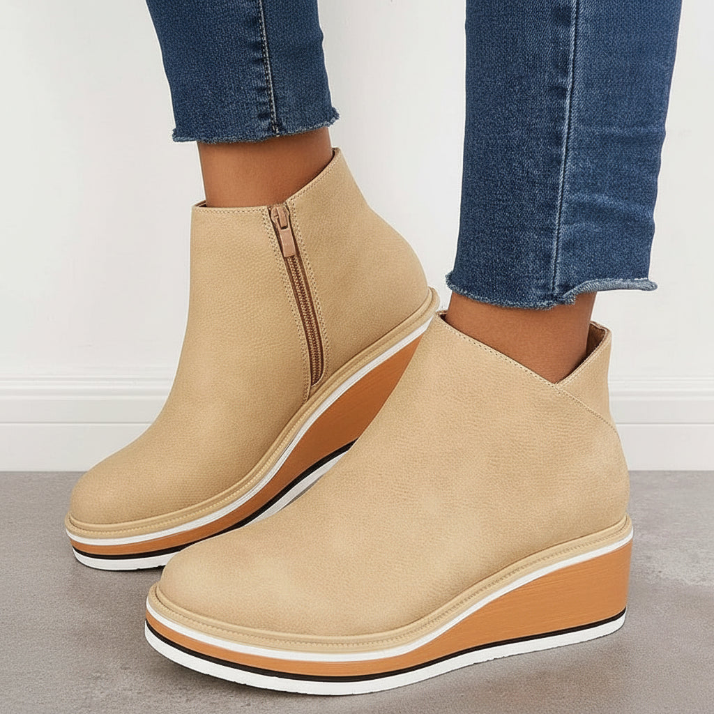 Women's Wedge Ankle Boots with Side Zip and Platform Sole