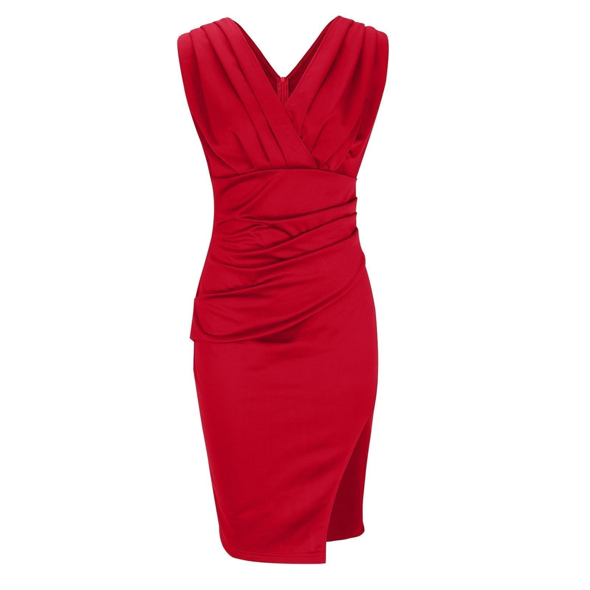 Women’s Ruched V-Neck Midi Dress with Front Split