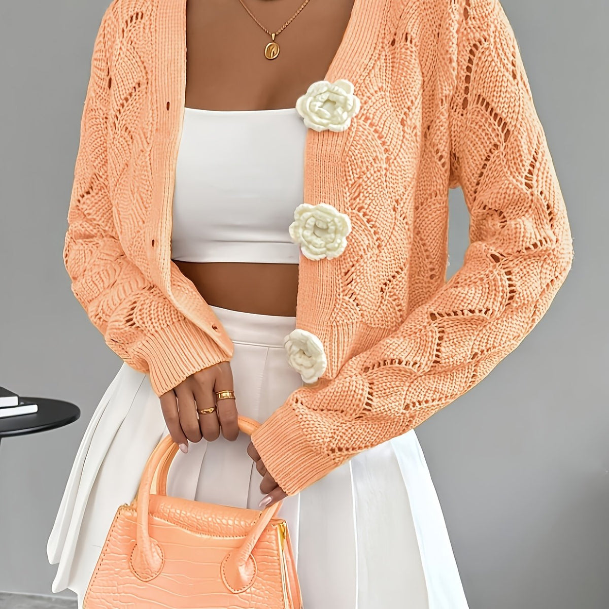 Heidi | Crochet Knit 3D Floral Buttons Cardigan