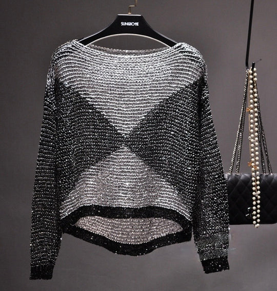 Women’s Sheer Sequin Blouse with Long Sleeves – Wide Round Neckline and Relaxed Fit for Evening Styling