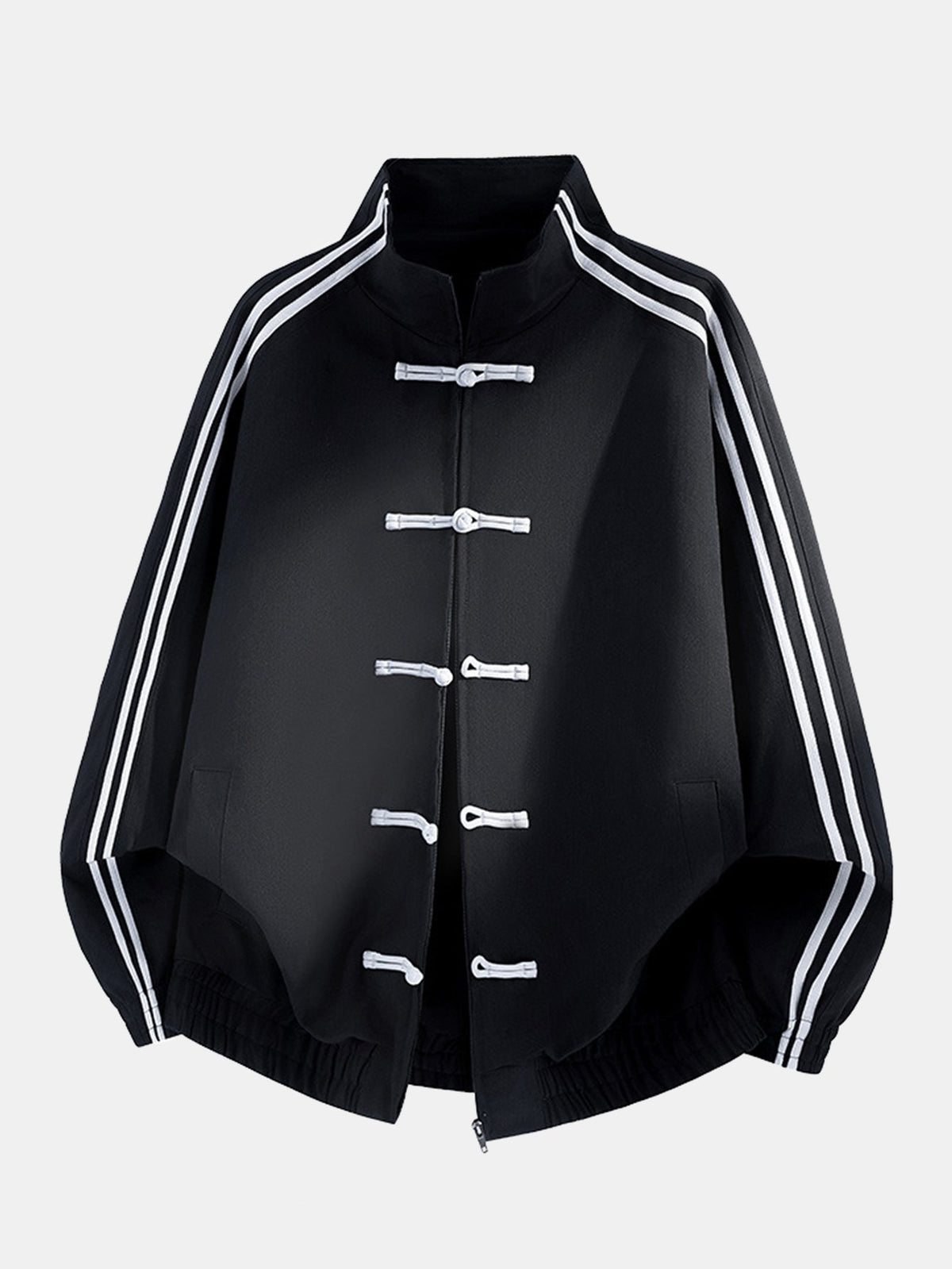 Men's Chinese-Inspired Track Jacket – Relaxed Stand Collar with Frog Button Detailing and Striped Sleeves for Casual Streetwear