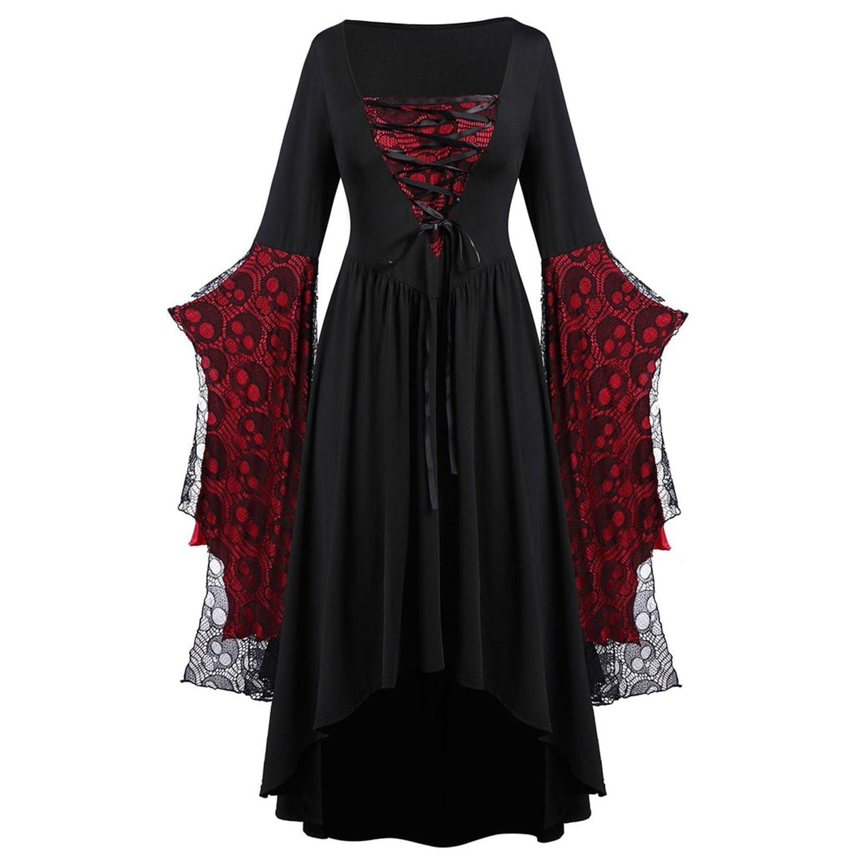 Women's Lace Sleeve High-Low Maxi Dress – Square Neck Lace Up Evening Dress for Themed Parties and Special Occasions