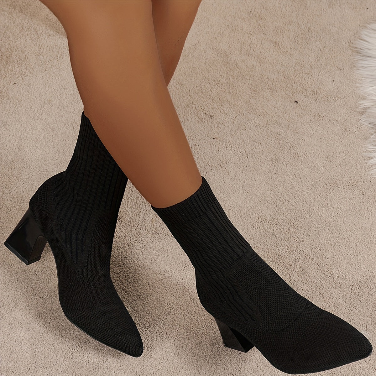 Women's Stretch Knit Sock Ankle Boots with Block Heels – Elegant Pointed Toe Style for Autumn