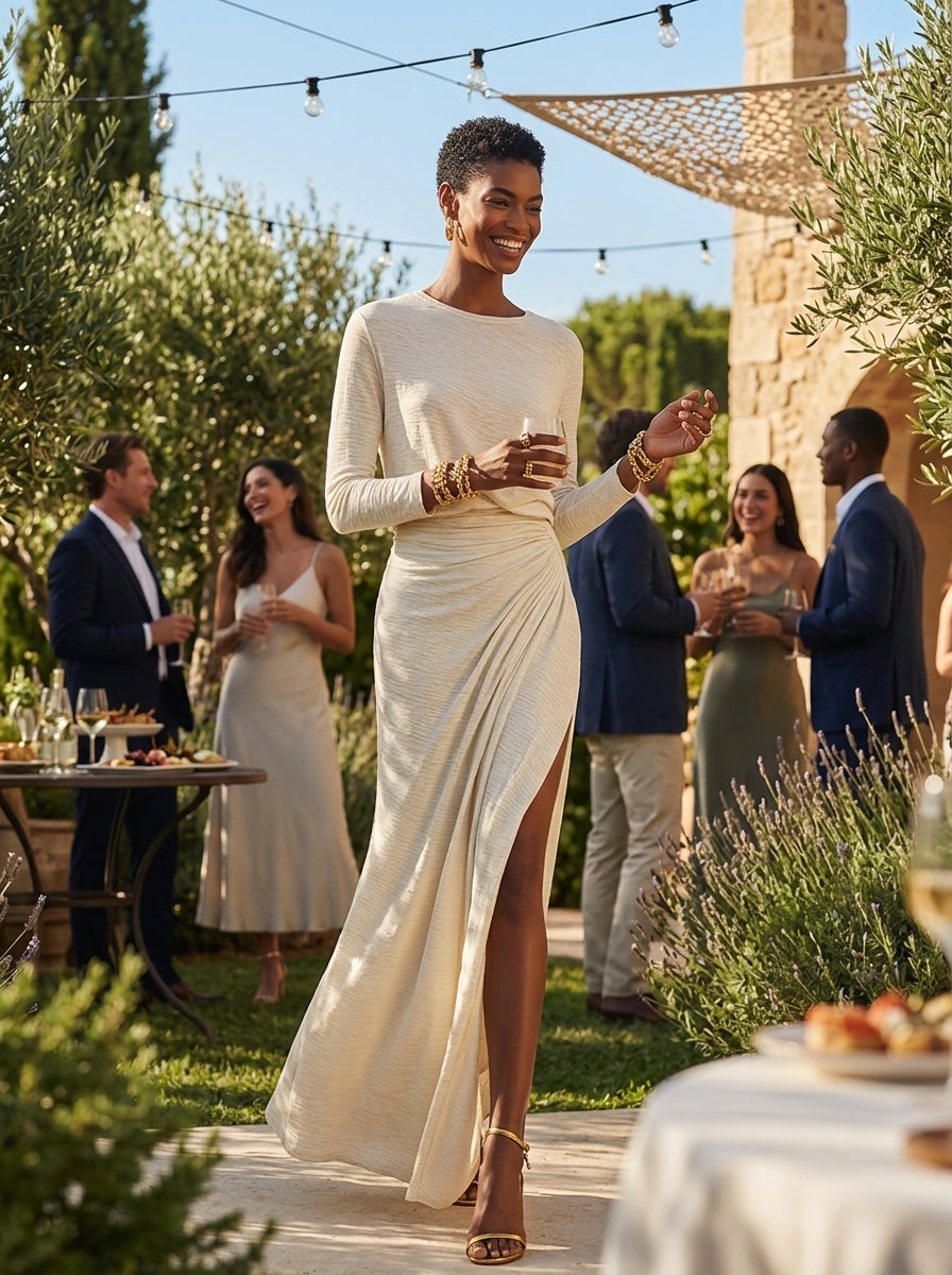 Women's Long Sleeve Beige Bodycon Cotton-Blend Crew-Neck Ruched Slit Maxi Dress