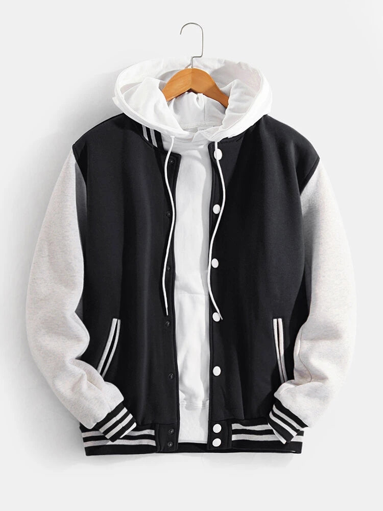 Men's Contrast Sleeve Varsity Bomber Jacket – Classic Snap-Button College Style Outerwear for Spring and Autumn
