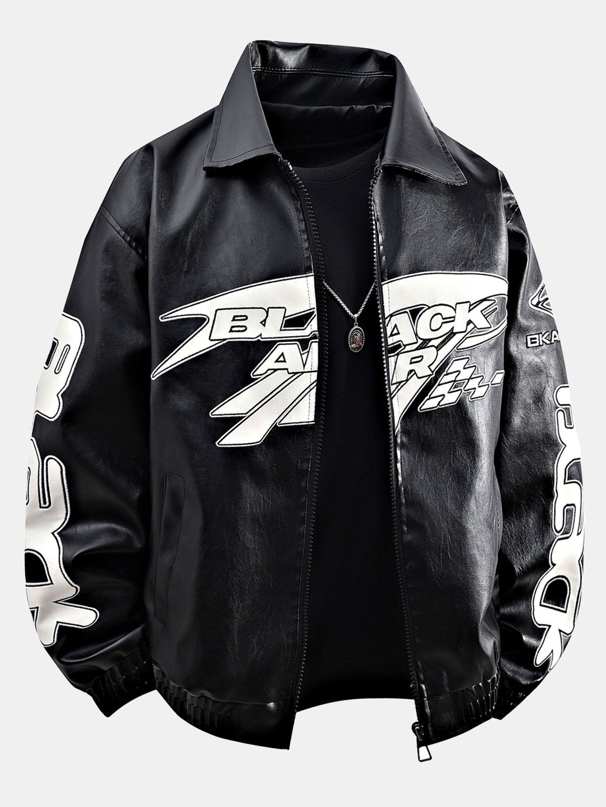 Men's Faux Leather Racing Jacket with Graphic Print – Relaxed Fit Zip-Up Motorcycle Style Outerwear for Streetwear