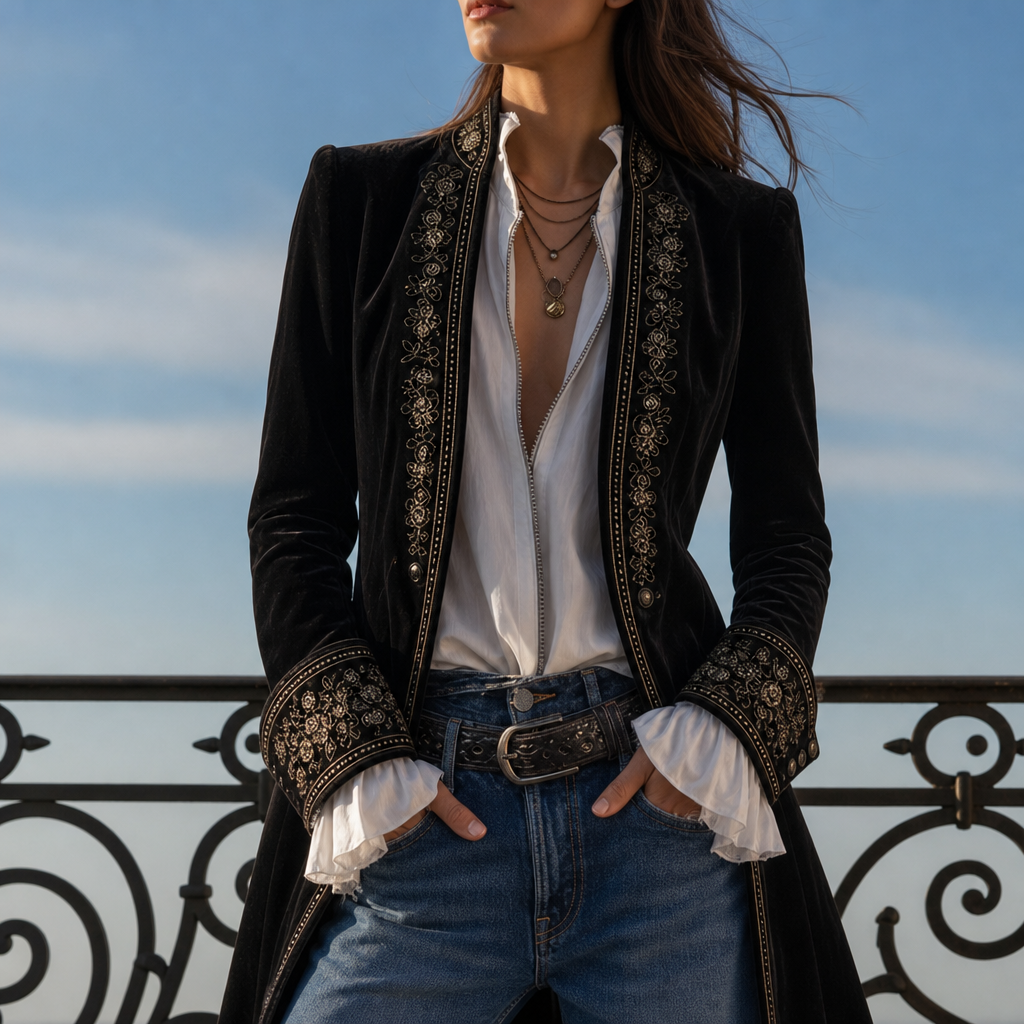 Coimbra Embroidered Velvet Long Jacket