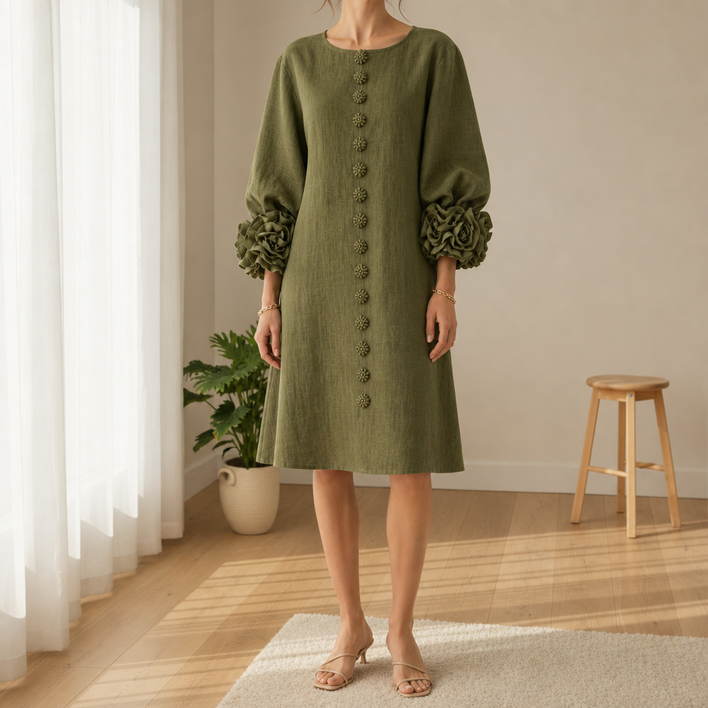 Marvao Rosette Cuff Linen Dress