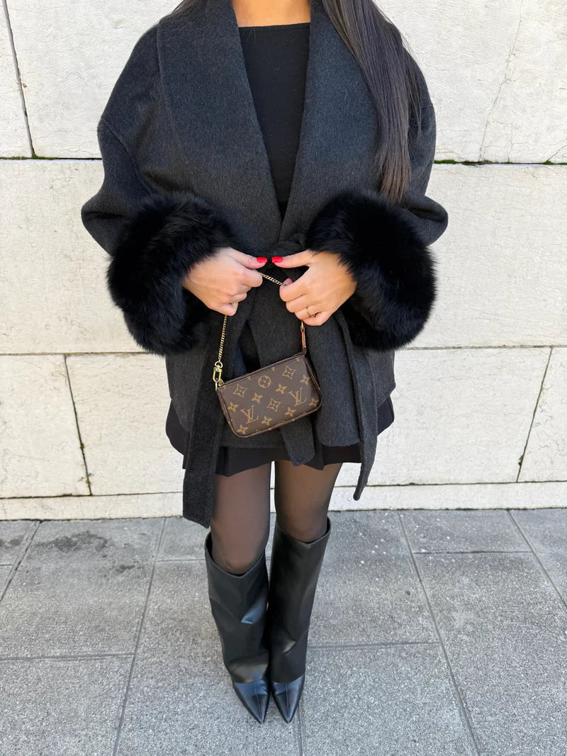 Women's Belted Wool Wrap Coat with Fur-Trimmed Cuffs – Elegant Short Winter Outerwear for Smart Casual Wear