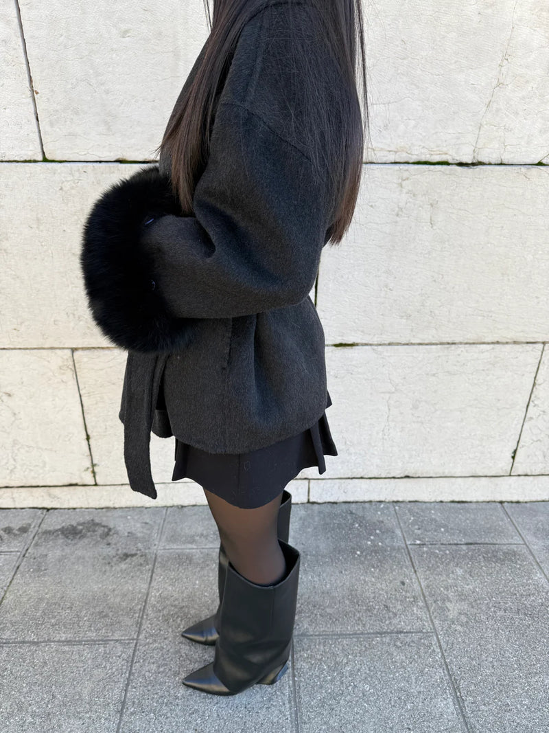 Women's Belted Wool Wrap Coat with Fur-Trimmed Cuffs – Elegant Short Winter Outerwear for Smart Casual Wear