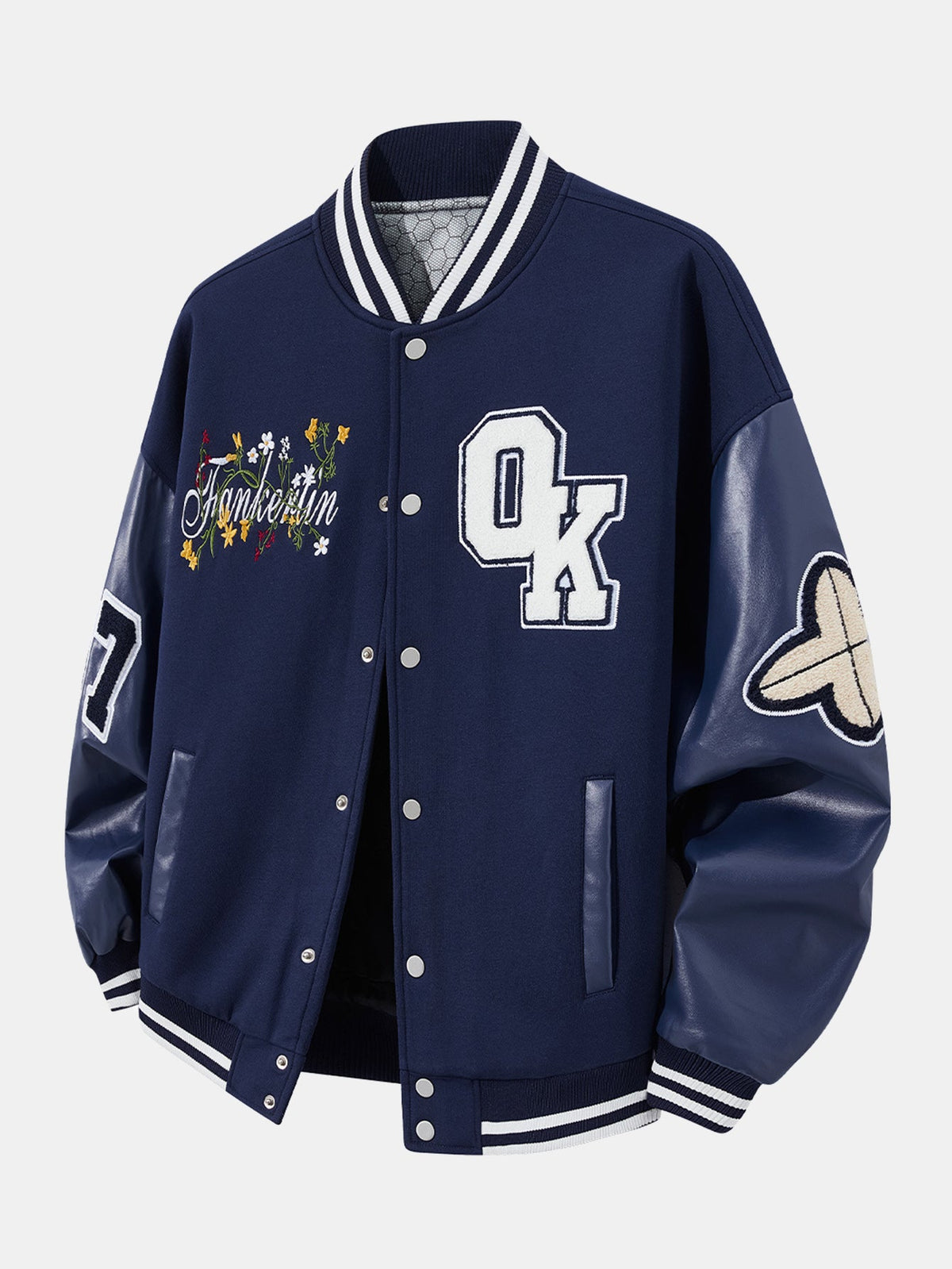 Men's Embroidered Varsity Bomber Jacket – Relaxed Baseball Style with Faux Leather Sleeves for Casual Streetwear