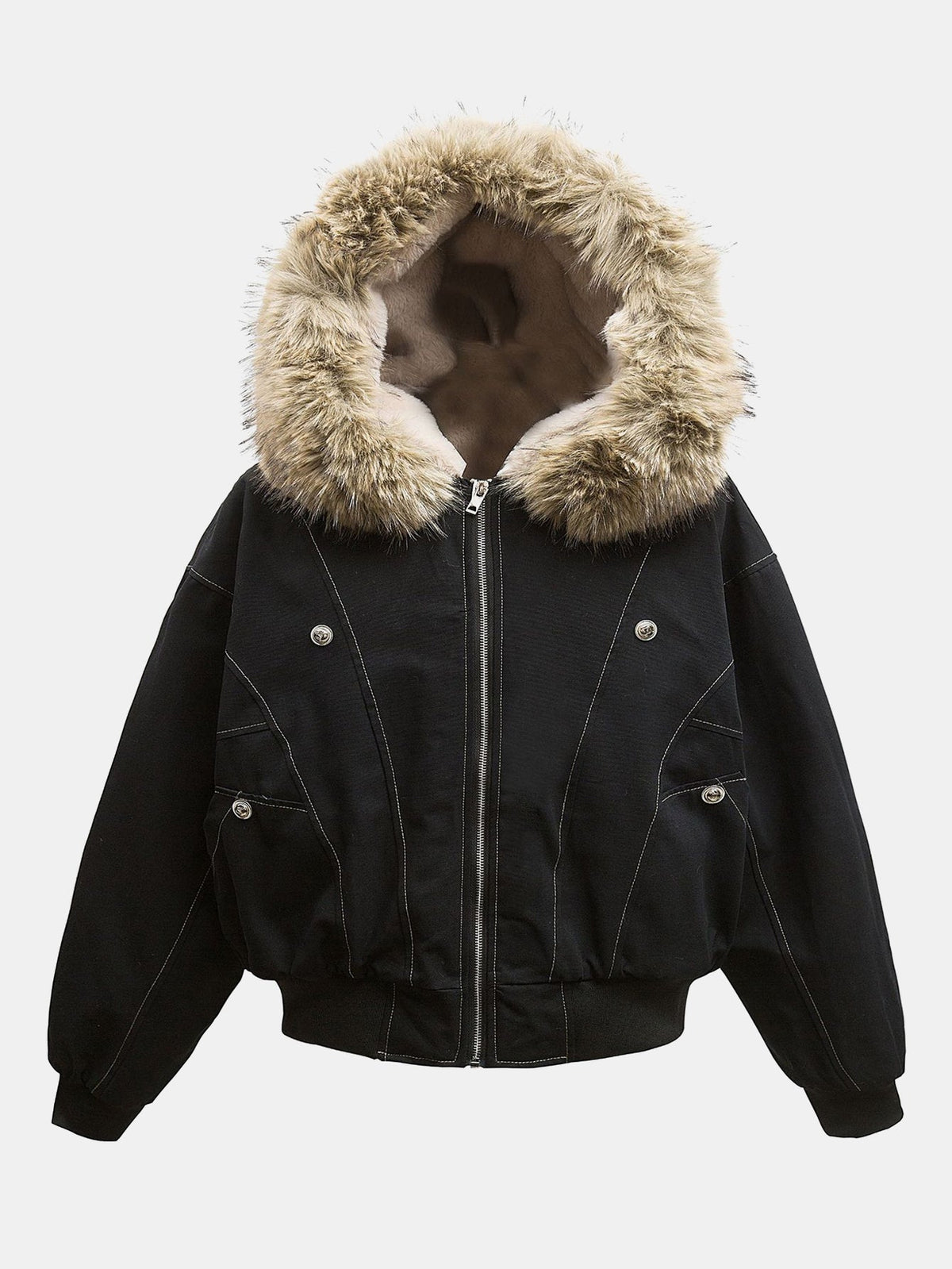 Men's Faux Fur-Trimmed Hooded Bomber Jacket – Warm Teddy-Lined Boxy Fit Winter Outerwear with Zip-Up Front