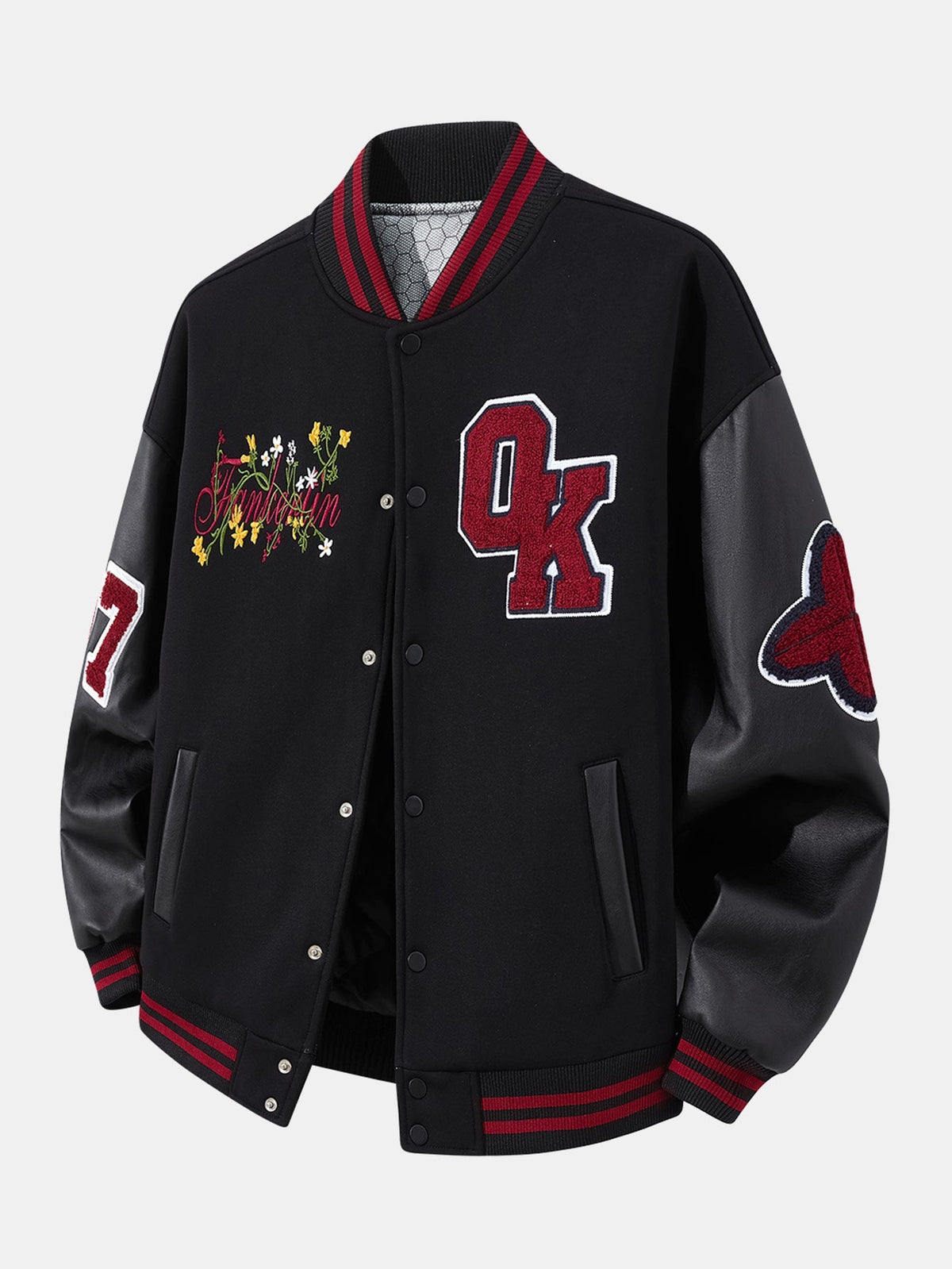 Men's Embroidered Varsity Bomber Jacket – Relaxed Baseball Style with Faux Leather Sleeves for Casual Streetwear