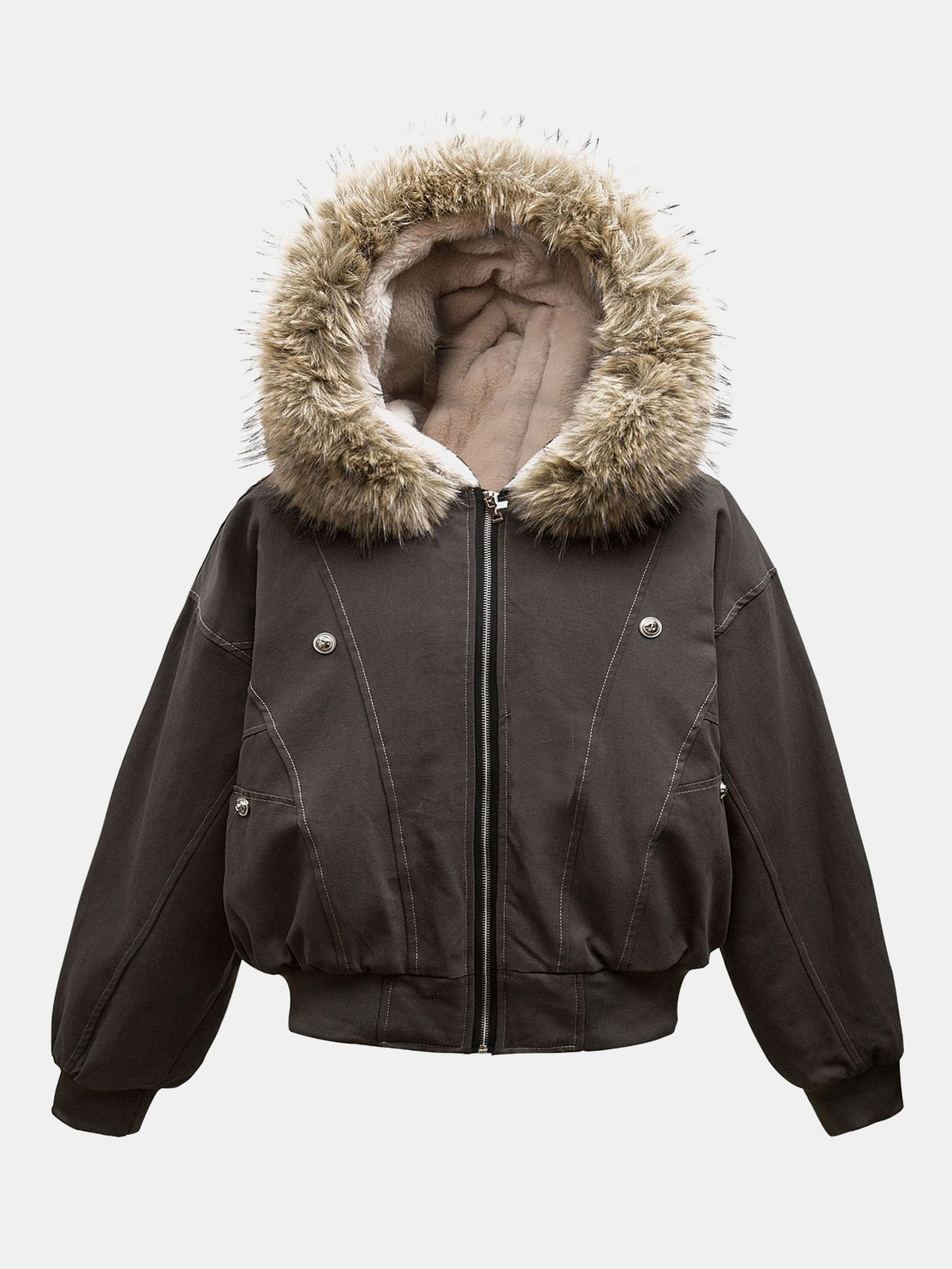 Men's Faux Fur-Trimmed Hooded Bomber Jacket – Warm Teddy-Lined Boxy Fit Winter Outerwear with Zip-Up Front