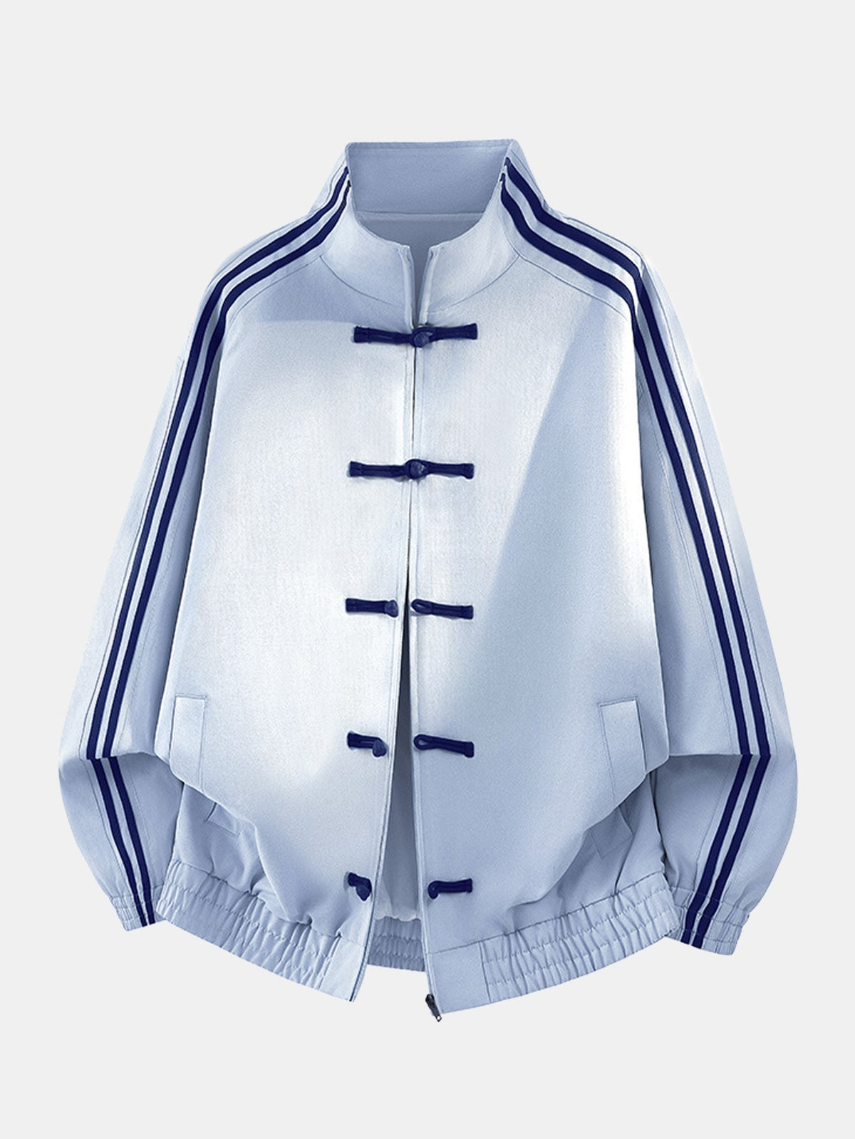 Men's Chinese-Inspired Track Jacket – Relaxed Stand Collar with Frog Button Detailing and Striped Sleeves for Casual Streetwear