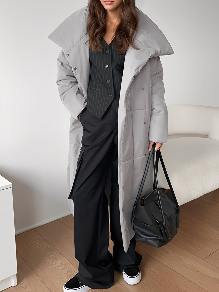 Women’s Longline Quilted Puffer Winter Coat with Oversized Shawl Collar – Warm Relaxed Padded Outerwear for Cold Weather