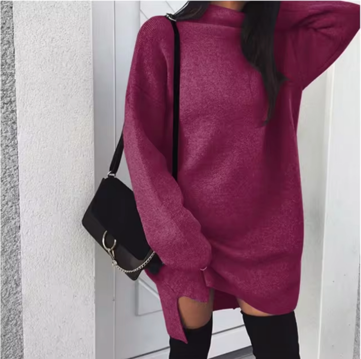 Women's Wool and Cashmere Blend Oversized Sweater Dress – Soft Long Sleeve High Neck Knitted Mini Dress for Autumn and Winter