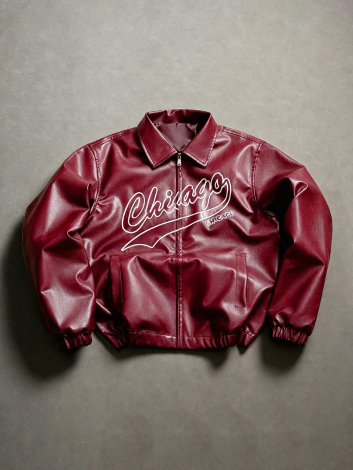 Men's Vintage-Inspired Faux Leather Bomber Jacket – Printed Zip-Up Collared Outerwear for Casual Streetwear