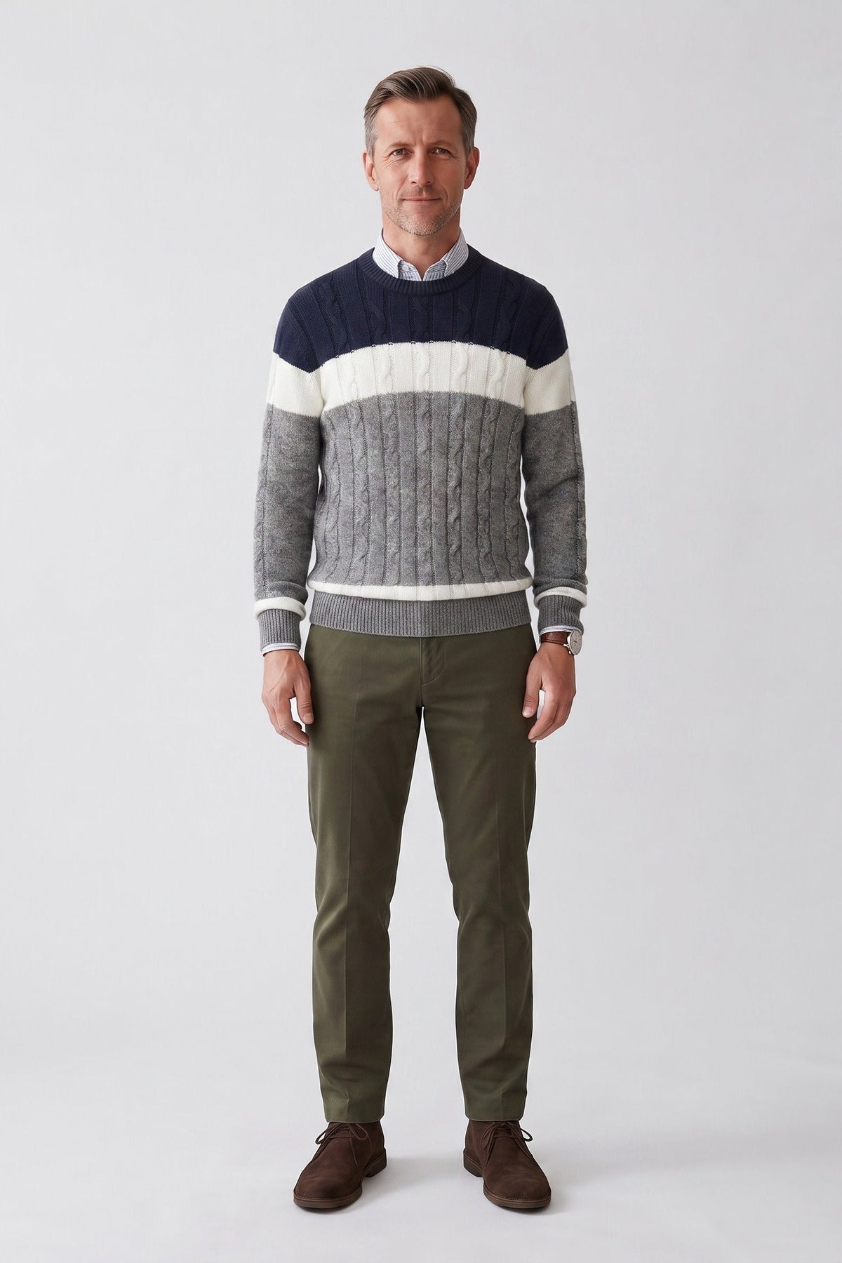Men's Cable Knit Sweater | Colourblock Panel Crew Neck
