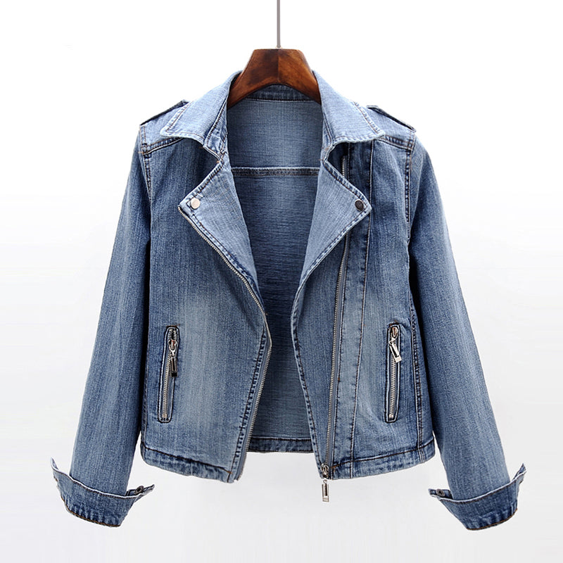 Women’s Fitted Denim Biker Jacket with Asymmetric Zip and Notched Lapels – Cropped Stretch Outerwear for Spring and Autumn Casual Styling
