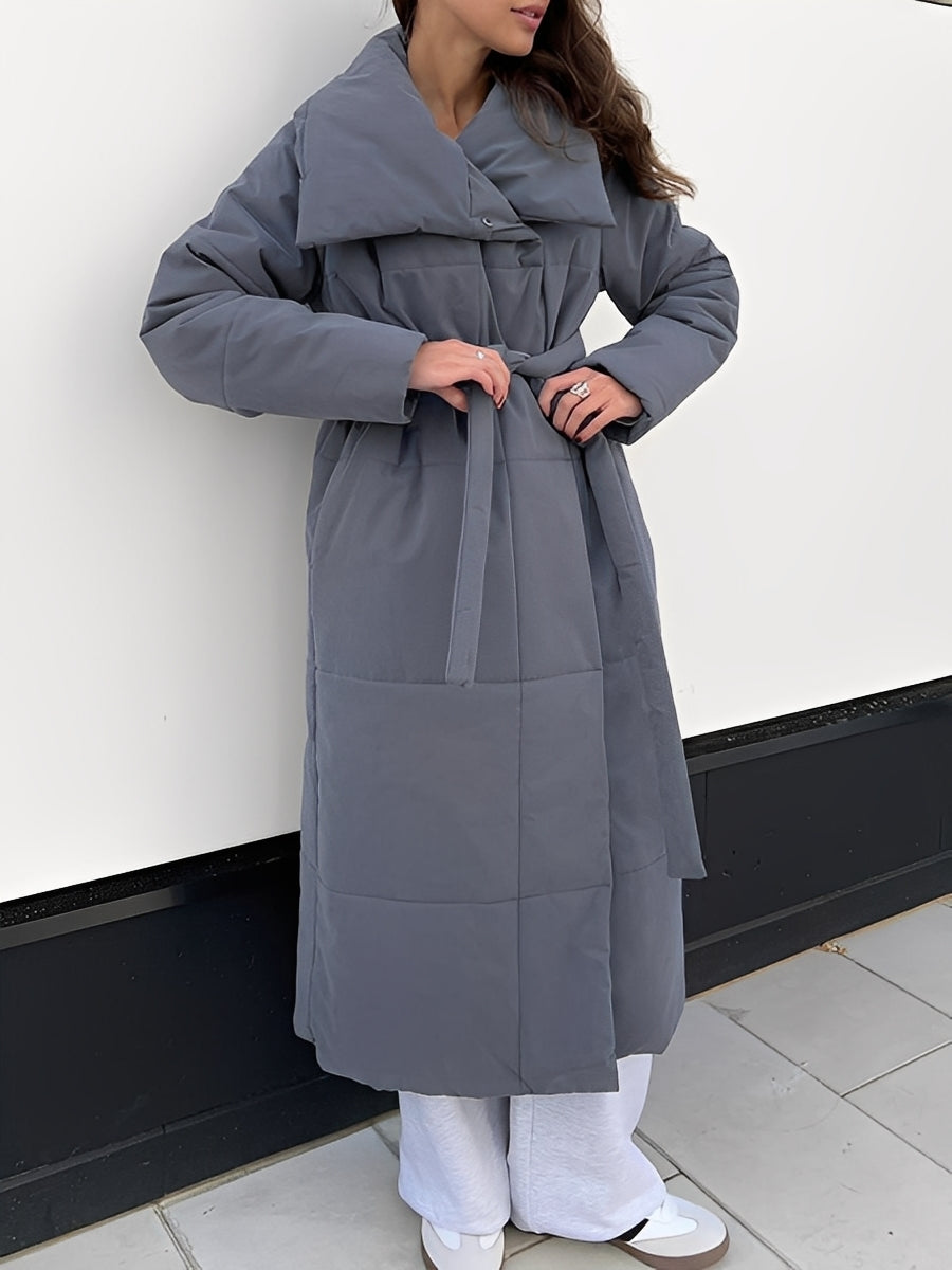 Women’s Longline Quilted Puffer Winter Coat with Oversized Shawl Collar – Warm Relaxed Padded Outerwear for Cold Weather
