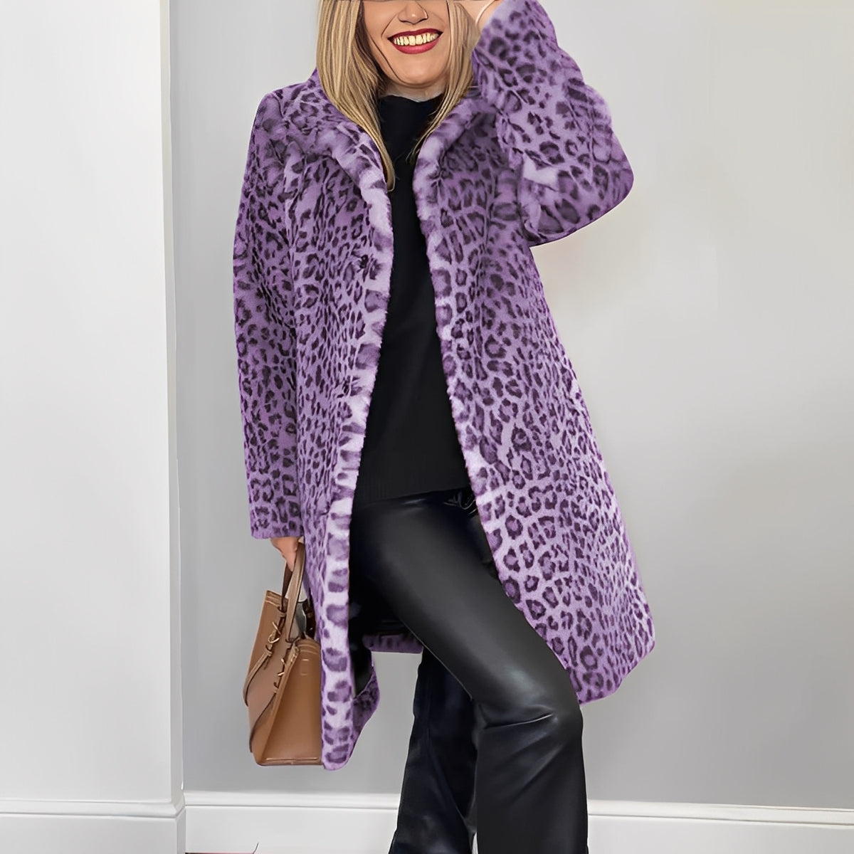 Women's Elegant Leopard Print Faux Fur Winter Coat with Plush Oversized Collar and Relaxed Longline Fit – Soft Textured Statement Outerwear with Long Sleeves for Stylish Autumn and Winter Everyday Wear and Evening Outfits