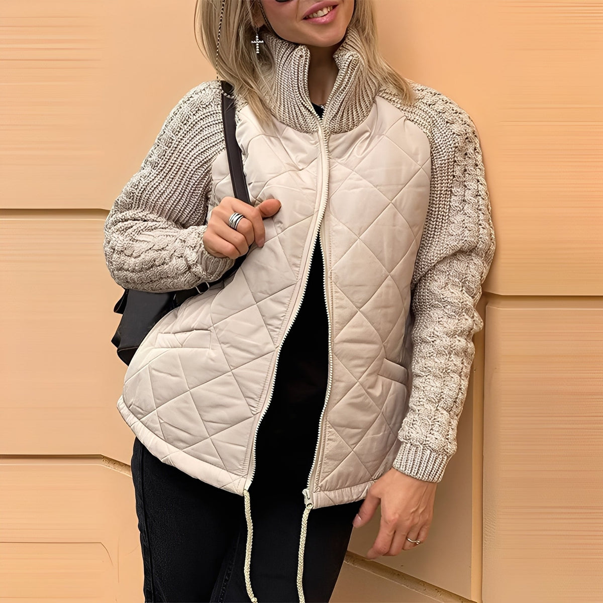 Women’s Diamond Quilted Zip-Up Jacket with Cable Knit Sleeves and Stand Collar – Warm Casual Outerwear for Autumn and Winter