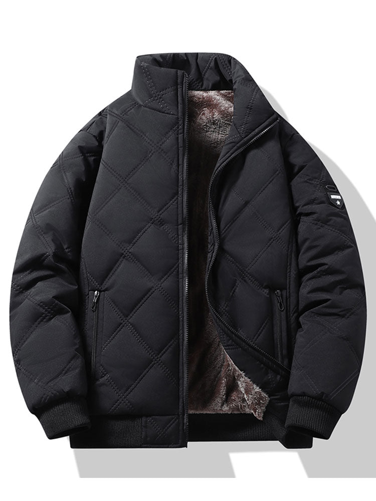 Men's Faux Fur-Lined Quilted Winter Jacket – Padded Stand Collar Zip-Up Coat with Warm Insulation and Zipped Pockets