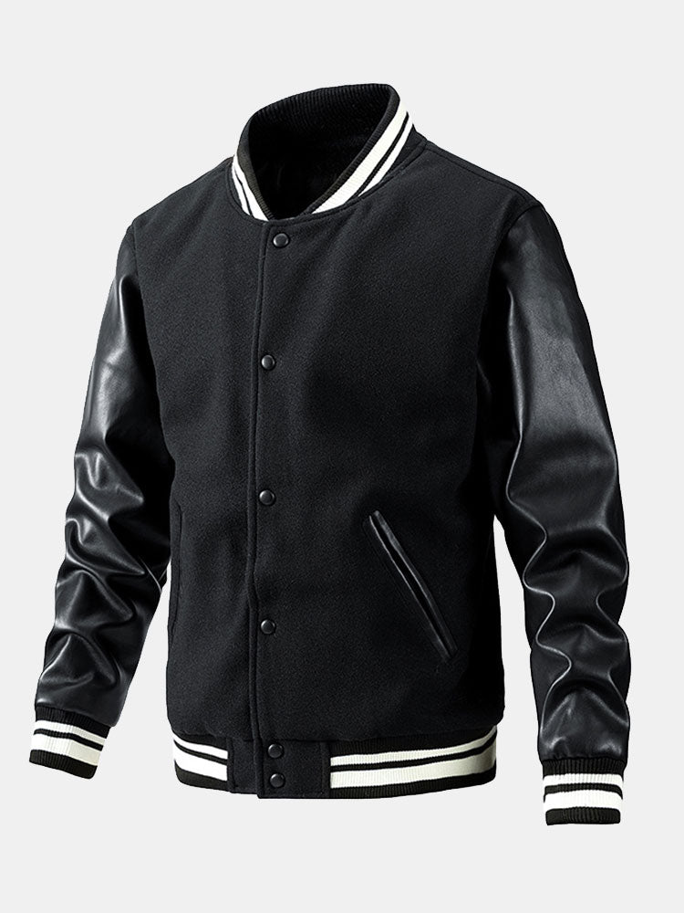 Men's Wool-Look Varsity Bomber Jacket with Faux Leather Sleeves – Classic College Style Outerwear for Autumn and Spring