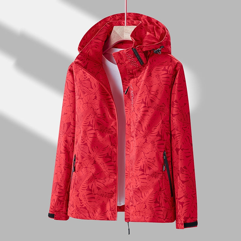 Women's Lightweight Hooded Outdoor Jacket with Printed Design and Adjustable Drawstring Hood – Relaxed Fit Zip-Up Wind Resistant Casual Outerwear with Practical Pockets for Spring and Autumn Walking and Travel