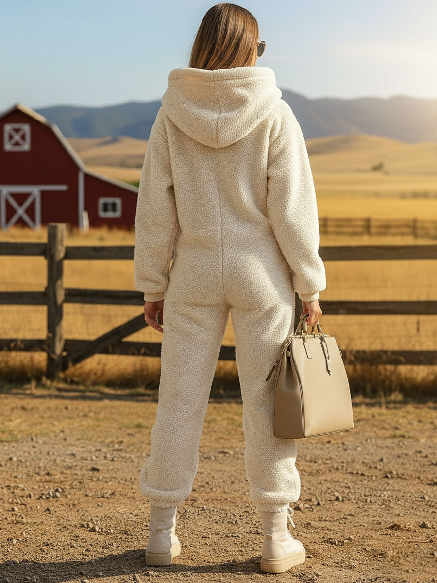 Women’s Hooded Teddy Fleece Jumpsuit with Zip Front and Large Patch Pockets – Relaxed Fit Cosy One-Piece Outfit for Casual Winter Dressing