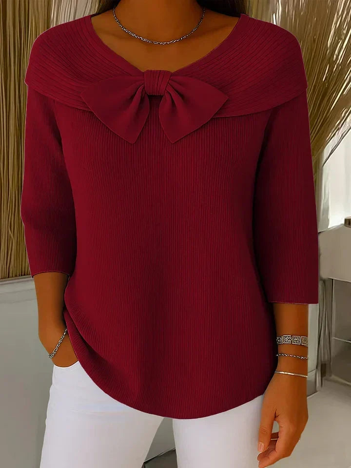 Women's Ribbed Wool Blend Sweater with Bow Neckline – Elegant Three-Quarter Sleeve Knit for Autumn and Winter