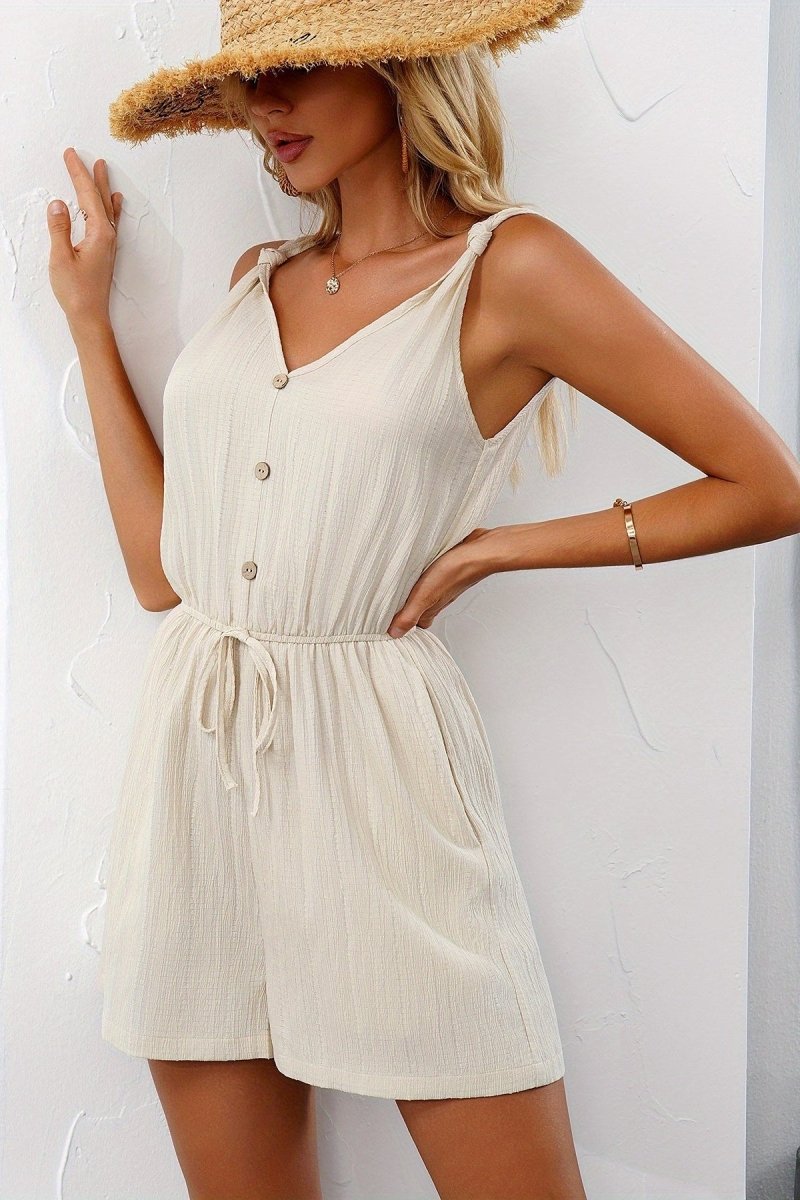 Women's V-Neck Summer Playsuit with Tie Straps and Drawstring Waist – Lightweight Casual Romper for Holidays