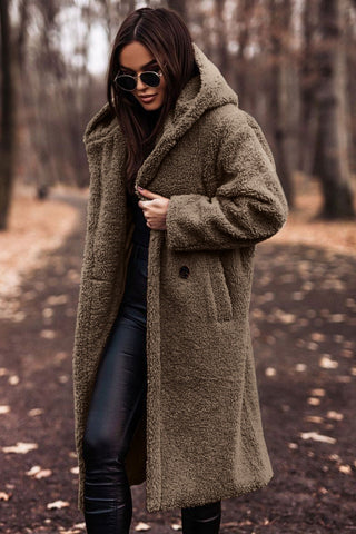 Women's Hooded Longline Teddy Coat with Button Front