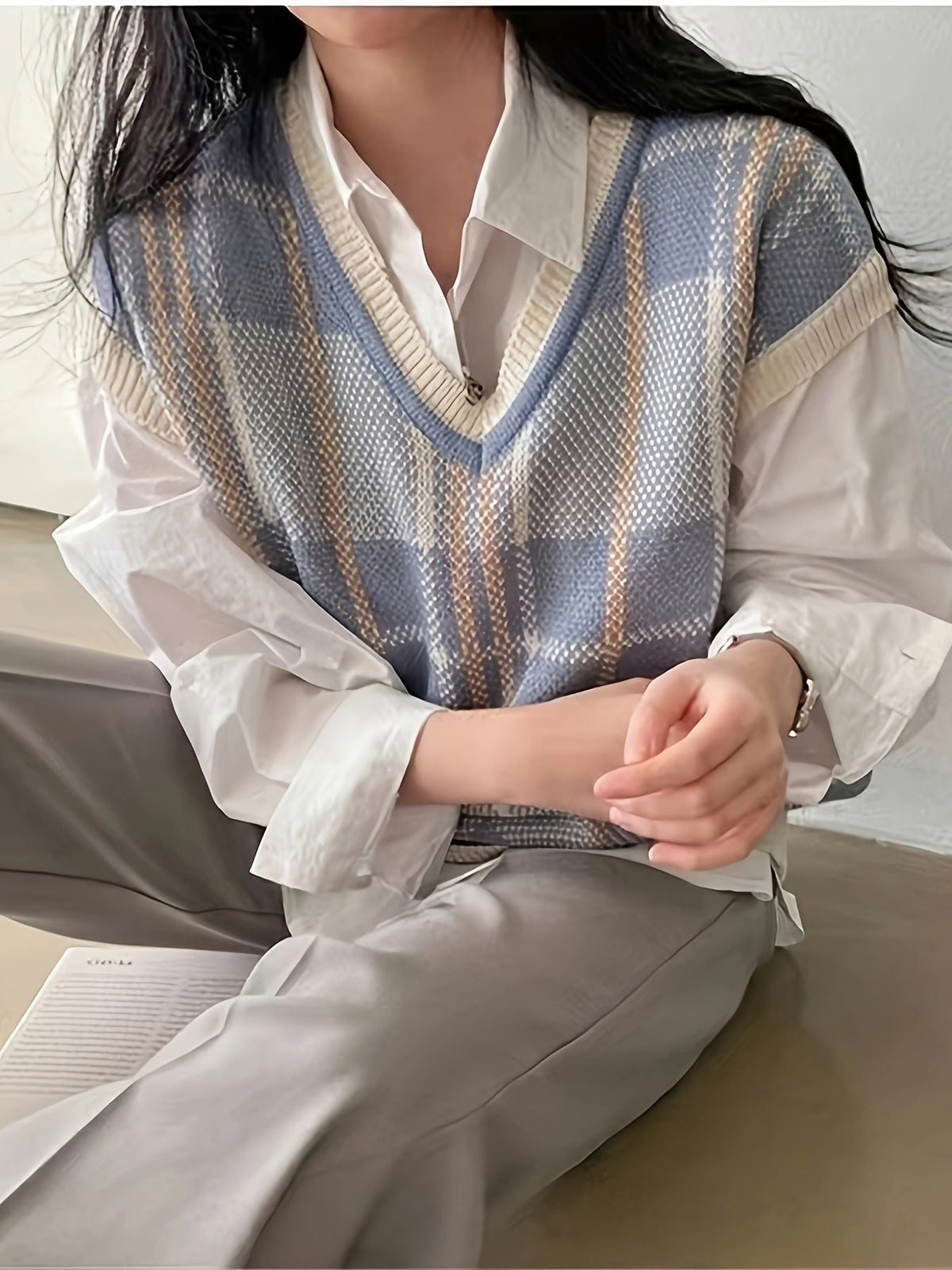 Marnie | Vintage Plaid V Neck Knit Sweater Vest